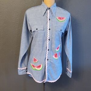 70s Chambray Medium Button-up Shirt Watermelon Appliques